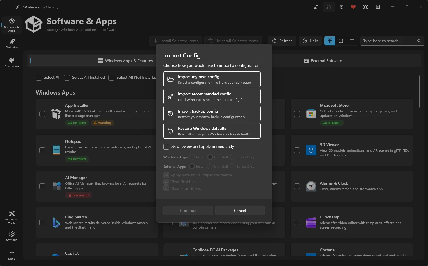 Winhance configuration import screen for reapplying saved settings