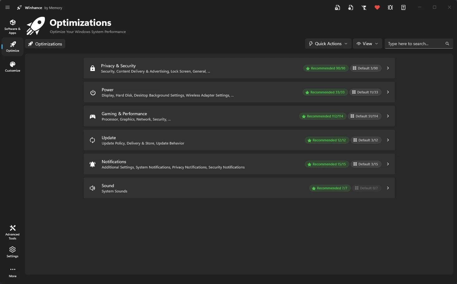 Winhance Optimize screen with privacy, power and gaming setting groups