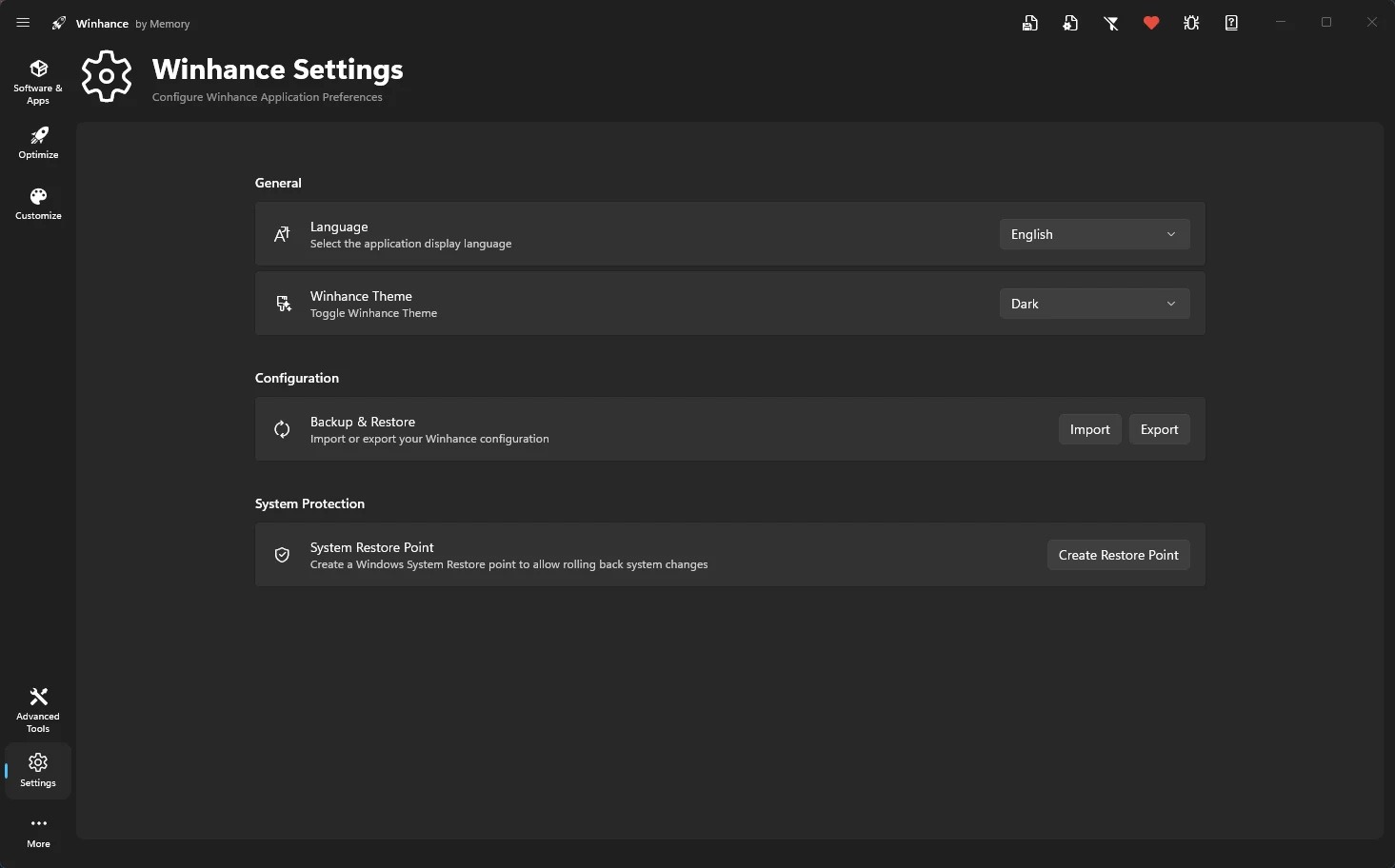 Winhance Settings screen with language, theme and backup options