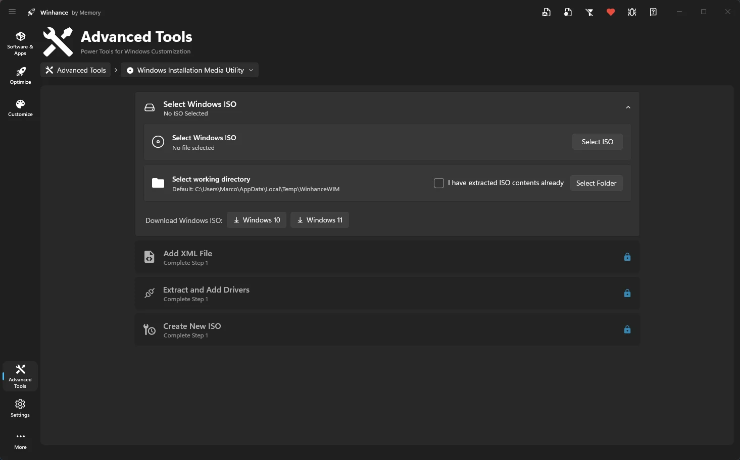 WIMUtil window used to build custom Windows installation media